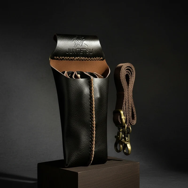 Étui en cuir marron foncé Juntetsu - 4 poches pour ciseaux