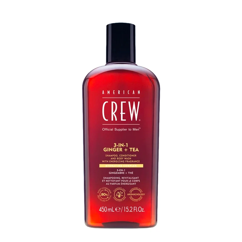 American Crew 3-in-1 Ginger+Tea Shampoo Conditioner And Body Wash 450ml - shampoing après-shampoing et gel douche