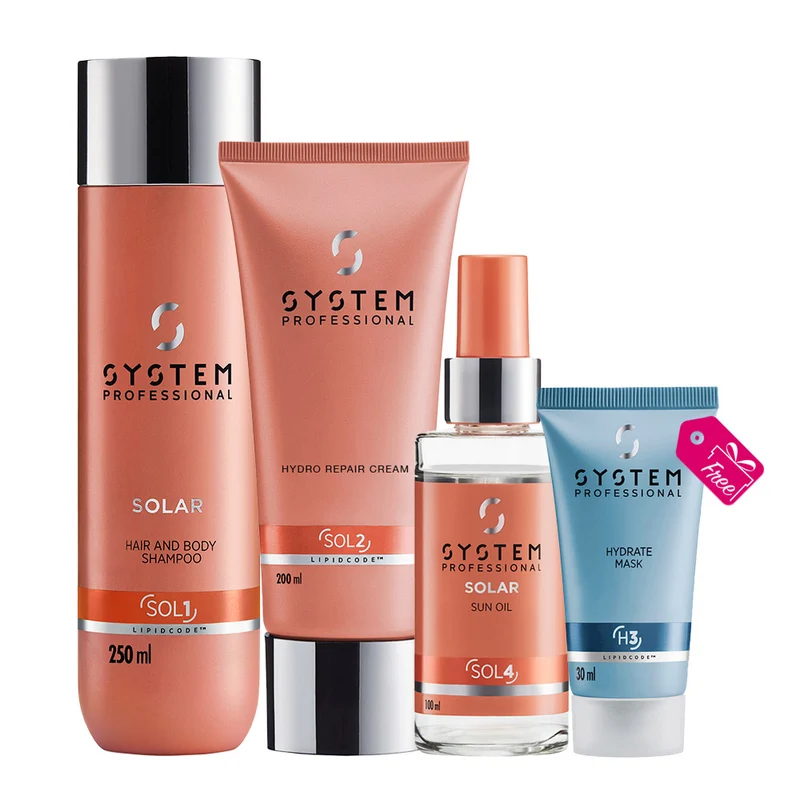 System Professional Solar Shampoo250ml Conditioner200ml Oil100ml+ Hydrate Mask H3, 30ml GRATUIT