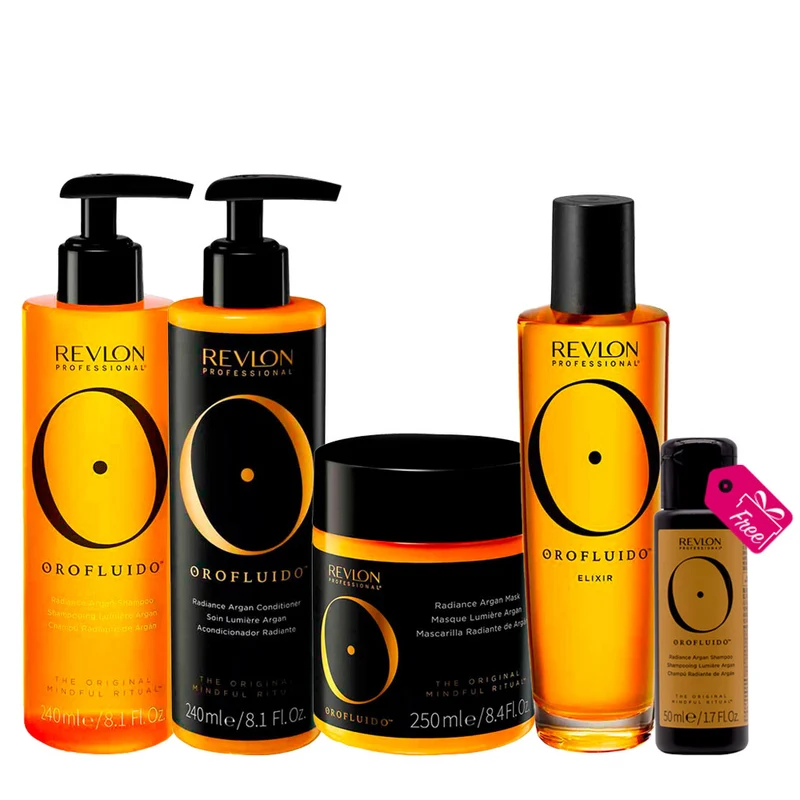 Revlon Orofluido Radiance Argan Shampoo 250ml Conditioner 240ml Mask 250ml Oil 100ml + Argan Shampoo 50ml GRATUIT