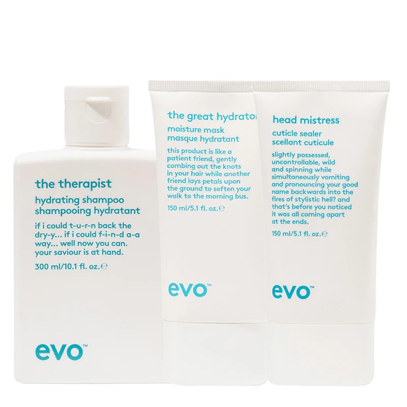 Evo Hydrate The Therapist Hydrating Shampoo 300ml Mask 150ml Head Mistress Cuticle Sealer 150ml