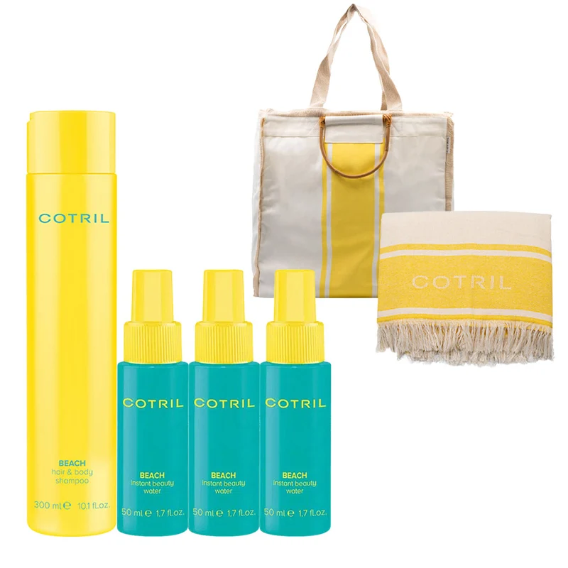 Cotril Beach Hair & Body Shampoo 300ml Instant Beauty Water 50ml 3pcs. + Sac et Serviette de plage en CADEAU