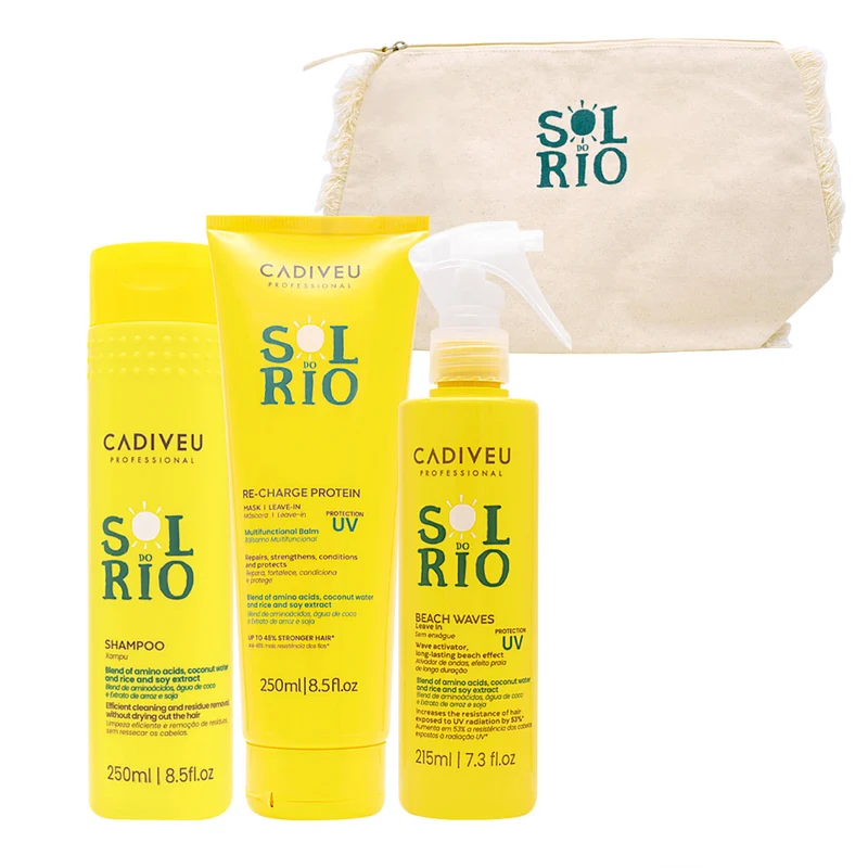 Cadiveu Sol Do Rio Professional Shampoo 250ml Mask 250ml Leave-In Conditioner 215ml +Pochette de plage GRATUITE