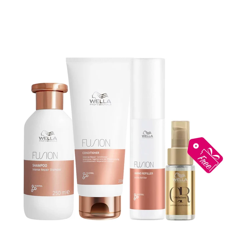 Wella Fusion Intense Repair Shampoo 250ml Mask 150ml Amino Refiller 70ml+ Oil Reflections Luminous Oil 30ml GRATUIT