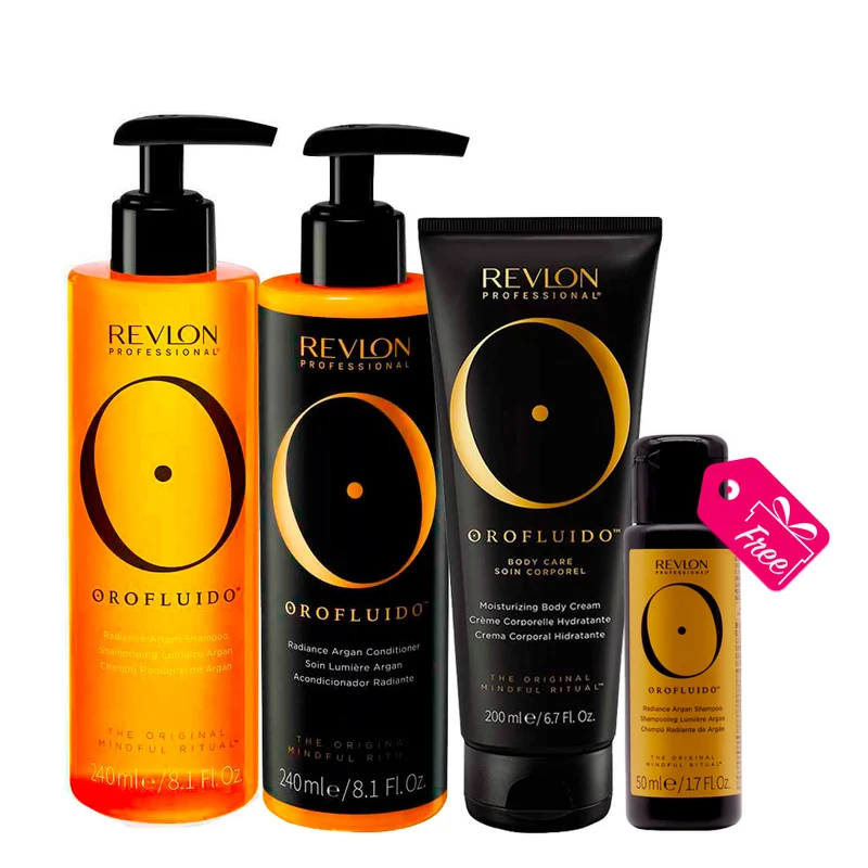 Revlon Orofluido Radiance Argan Shampoo 240ml Conditioner 240ml Body Cream 200ml + Argan Shampoo 50ml GRATUIT