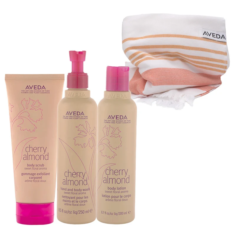Aveda Cherry Almond Body Scrub 200ml Hand & Body Wash 250ml Body Lotion 200ml + Serviette de plage GRATUITE