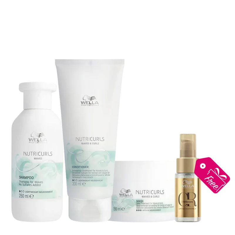 Wella Nutricurls Shampoo For Waves 250ml Conditioner 200ml Mask 150ml + Oil Reflections Luminous Oil 30ml GRATUIT