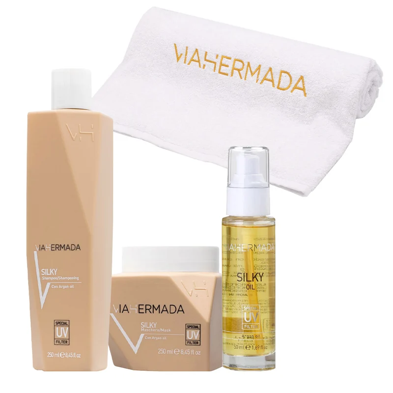VIAHERMADA Silky Shampoo 250ml Mask 250ml Silky Oil 50ml + Serviette de plage blanche GRATUITE
