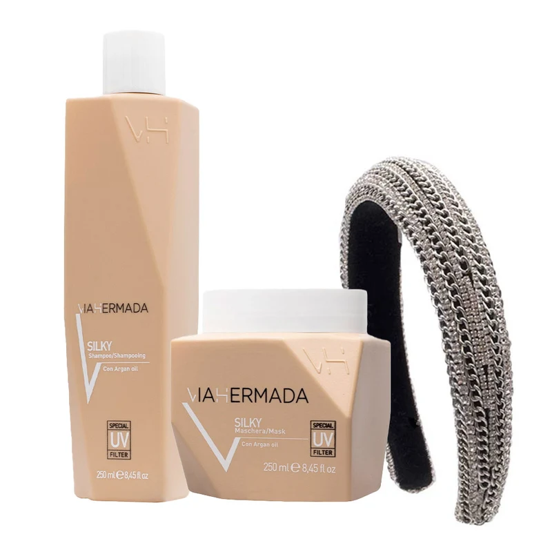 VIAHERMADA Silky Shampoo 250ml Mask 250ml + Bandeau Bombé Recouvert de Chaînes et de Strass GRATUIT