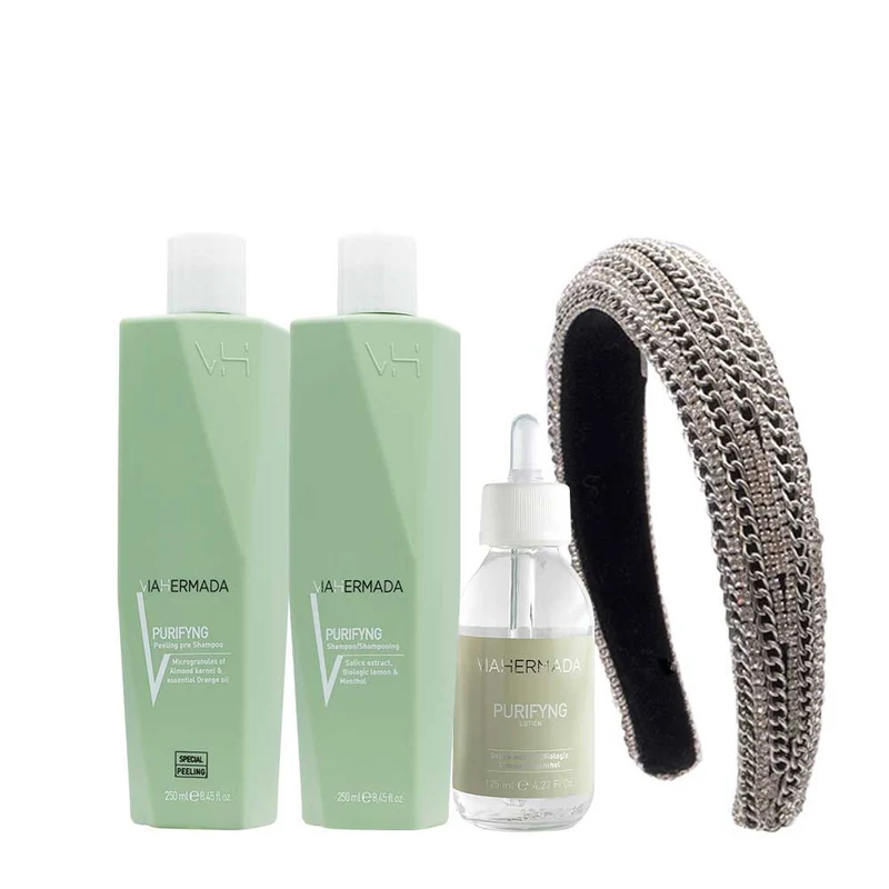 VIAHERMADA Purifyng Peeling 250ml Shampoo 250ml Lotion 125ml + Bandeau Bombé En Cadeau