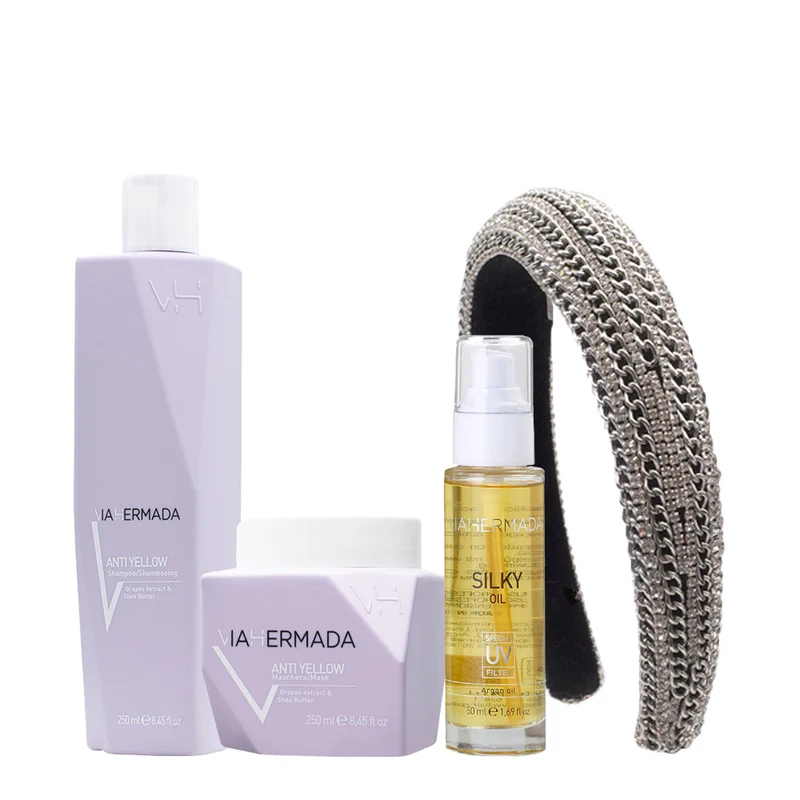 VIAHERMADA Anti-Yellow Shampoo 250ml Mask 250ml Silky Oil 50ml + Bandeau bombé offert