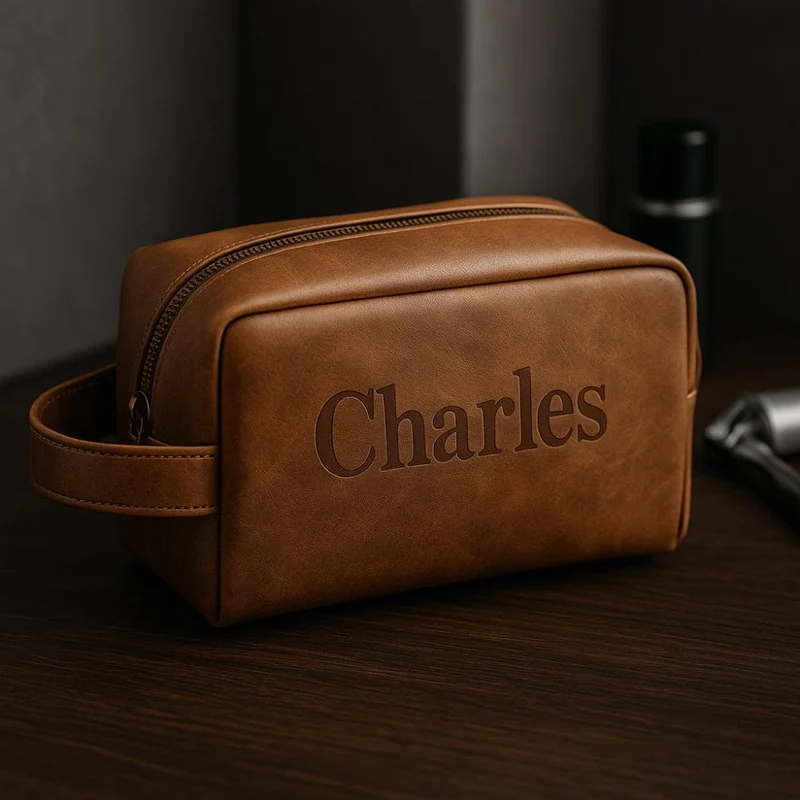 Trousse de toilette homme personnalisée cuir - Gravure prénom