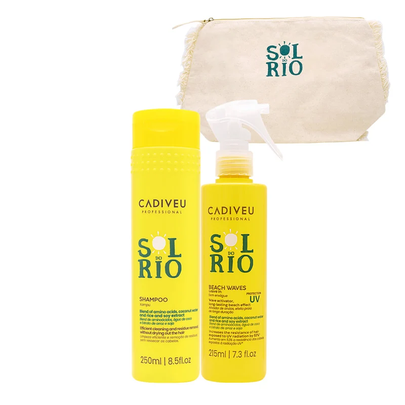 Cadiveu Sol Do Rio Professional Shampoo 250ml Beach Waves Leave-In Conditioner 215ml +Pochette de plage GRATUITE