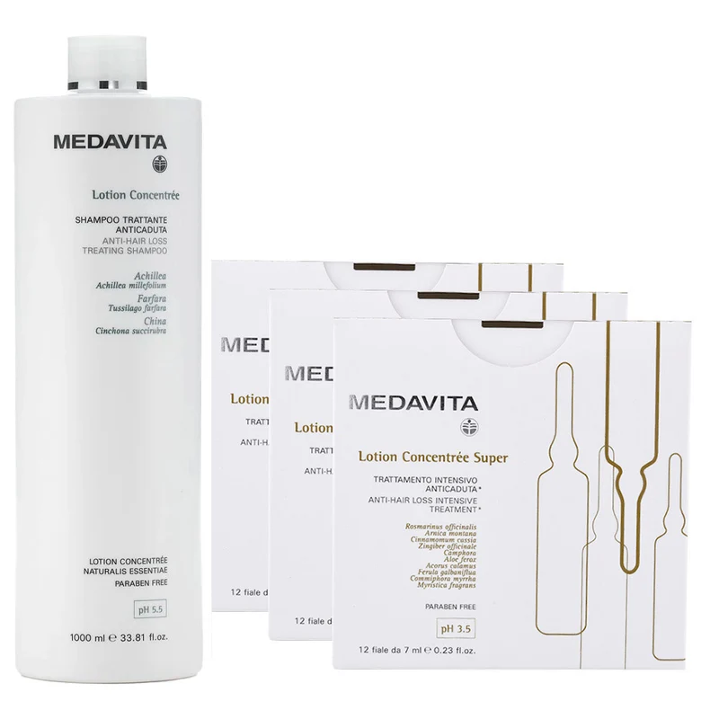 Medavita Cute Lotion Kit Shampooingprévention chute cheveux pH 5.5 1000ml Traitement intensif 12x7ml x3