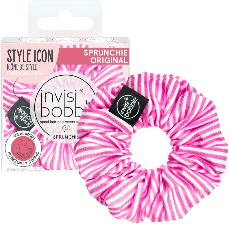 Invisibobble Sprunchie Stripes Up - élastique à cheveux rayé fuchsia et blanc