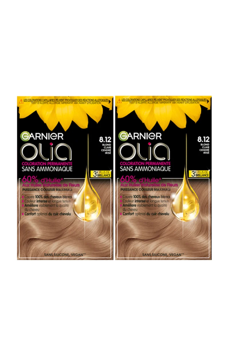 2 colorations permanentes - 8.12 blond clair cendré irisé - Sans ammoniaque