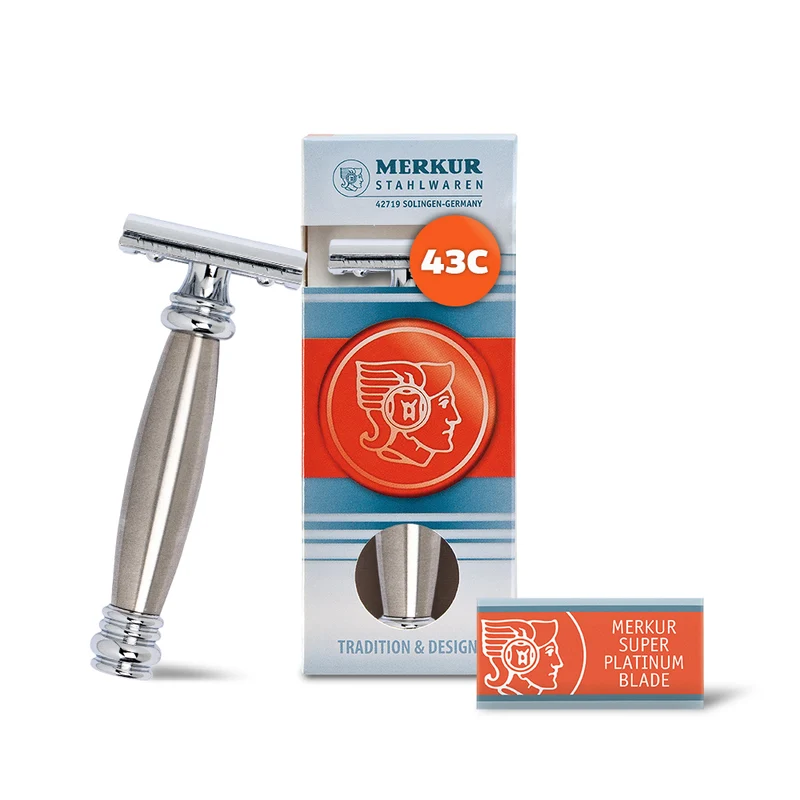 Merkur Double Edge Safety Razor, Straight Cut, Extra Long Stainless Steel Handle