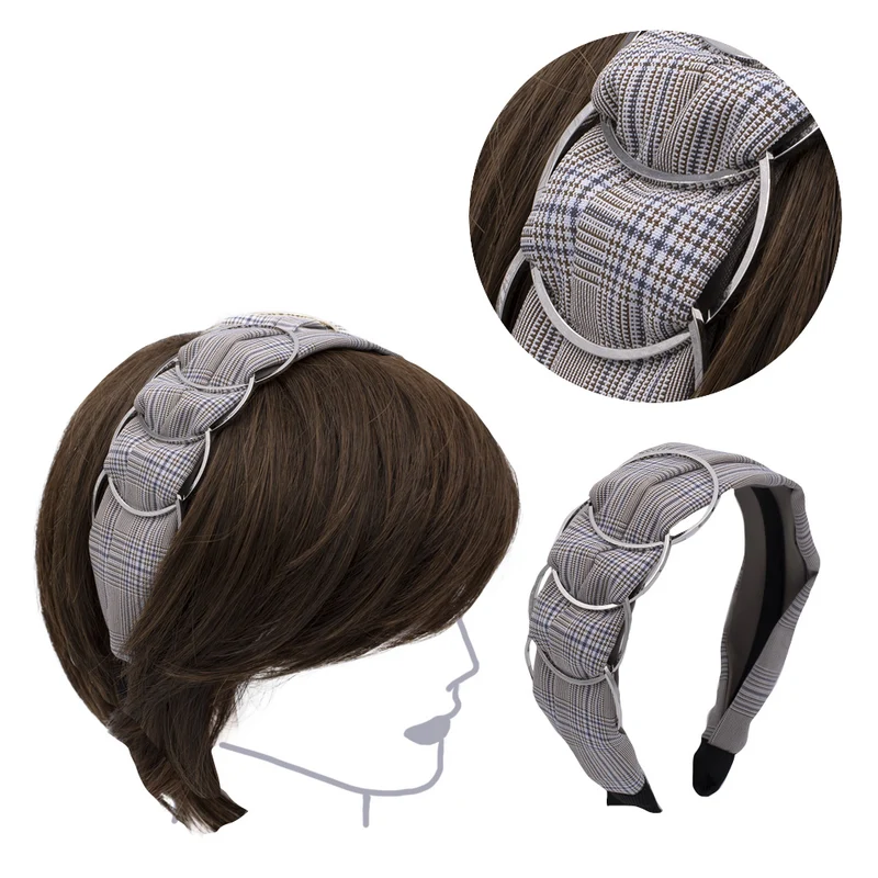VIAHERMADA Serre-tête en Tissu à Carreaux Beige avec Anneaux en métal argenté