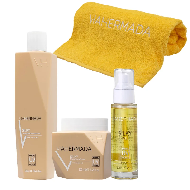 VIAHERMADA Silky Shampoo 250ml Mask 250ml Silky Oil 50ml + Serviette de plage jaune GRATUITE