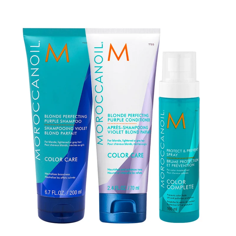 Moroccanoil Color Complete Blonde Perfecting Purple Shampoo 200ml Conditioner 200ml Protect and Prevent Spray 160ml