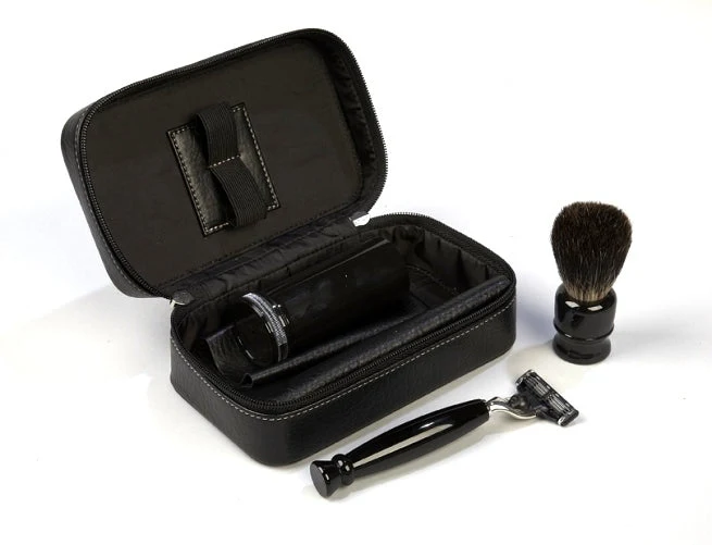 Mach 3 Shave Kit with Mach 3 Black Handle Razor, Badger Black Handle Shave Brush and Leather Case