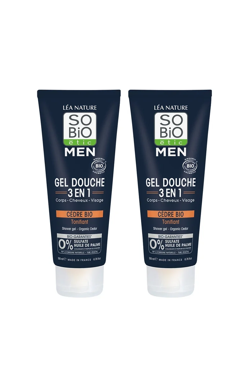 Gels douche 3-en-1 tonifiant bio - Cèdre bio - Visage, corps & cheveux - 2 x 200 ml - Homme