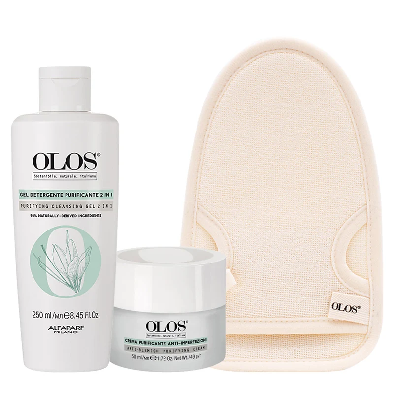 Olos Mondo Purificante Gel Detergente Purificante 2 in 1 Crema Purificante Anti- Imperfezioni 50ml Guanto Viso in Bamboo