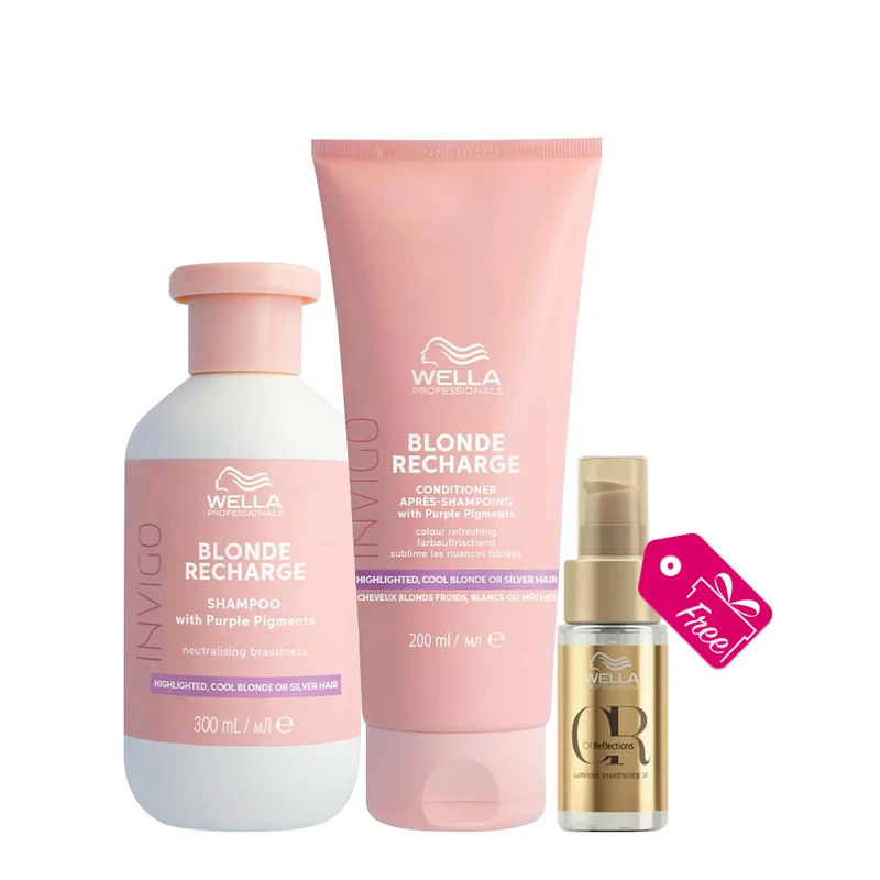 Wella Invigo Blonde Recharge Cool Neutralizing Shampoo 300ml Conditioner 200ml + Reflections Luminous Oil 30ml GRATUIT
