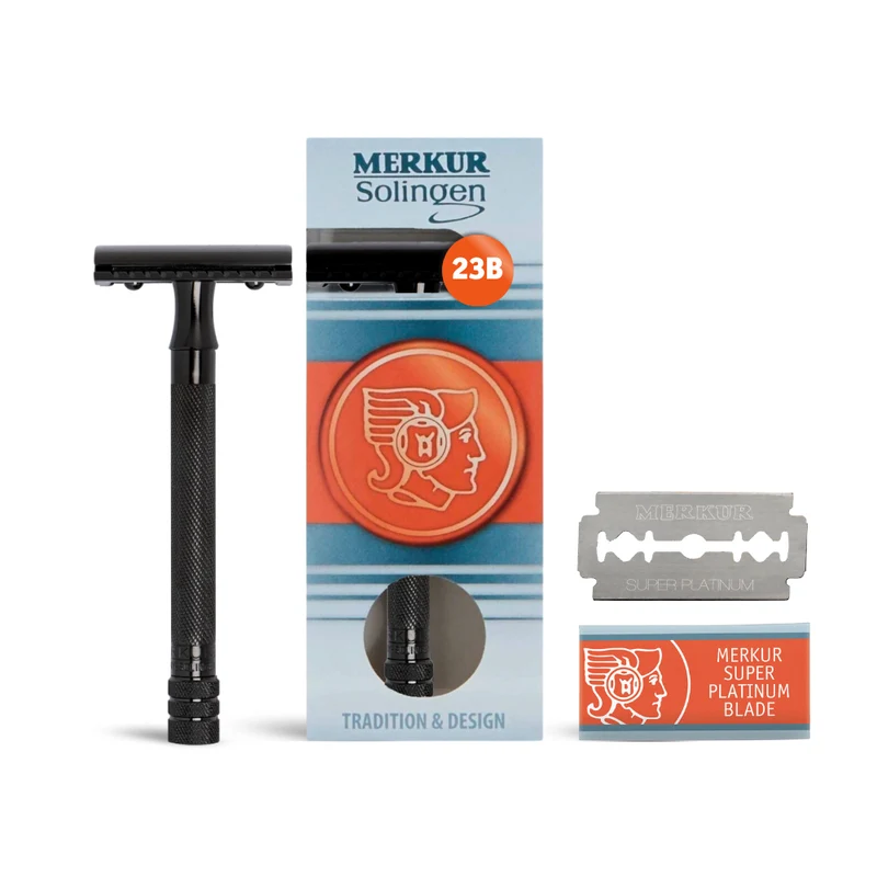 Merkur 23B Double Edge Safety Razor, Straight Cut, Extra Long Handle, Black PVD Coated