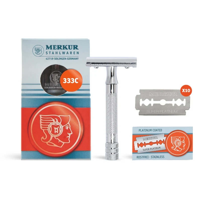 Merkur 333C Set of Classic Double-Edge Safety Razor, Bright Chrome Finish, 10 blades