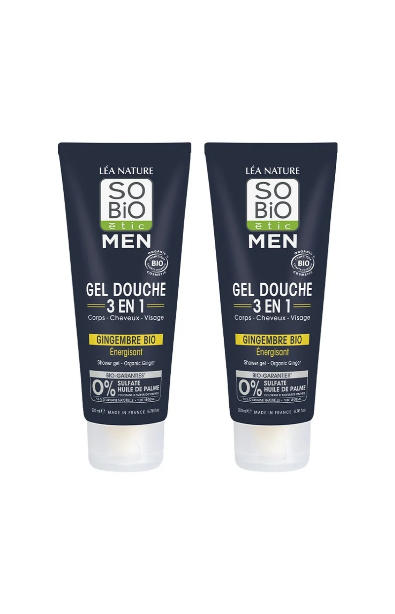 Gels douche 3-en-1 énergisants bio - Gingembre bio - Visage, corps & cheveux - 2 x 200 ml - Homme