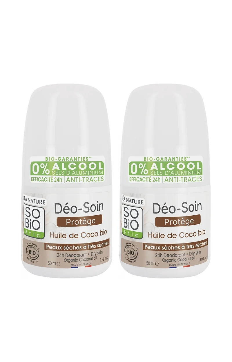 Déodorants roll-on protecteur bio - Huile de coco - Peaux sèches à sensibles - 2 x 50 ml