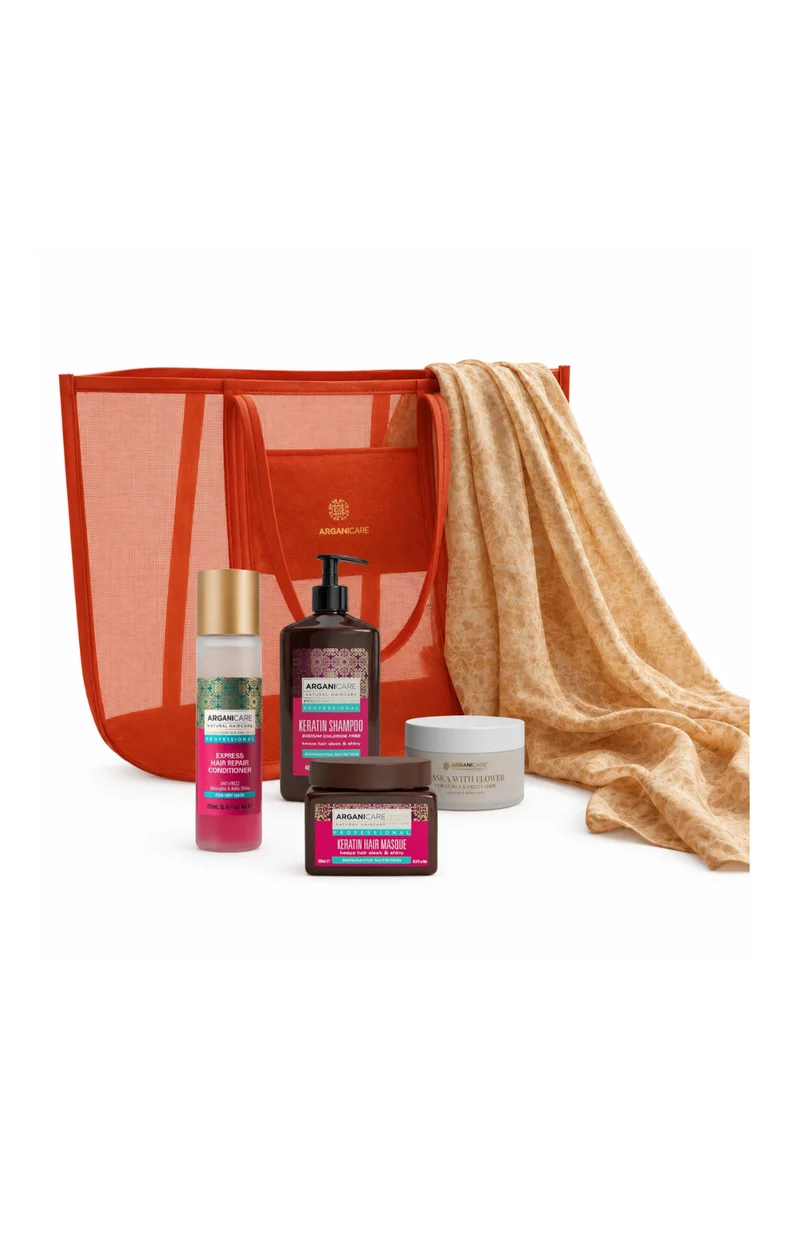 Sac de plage Summer Glow Kératine – Soin réparateur & entretien du lissage – 6 produits