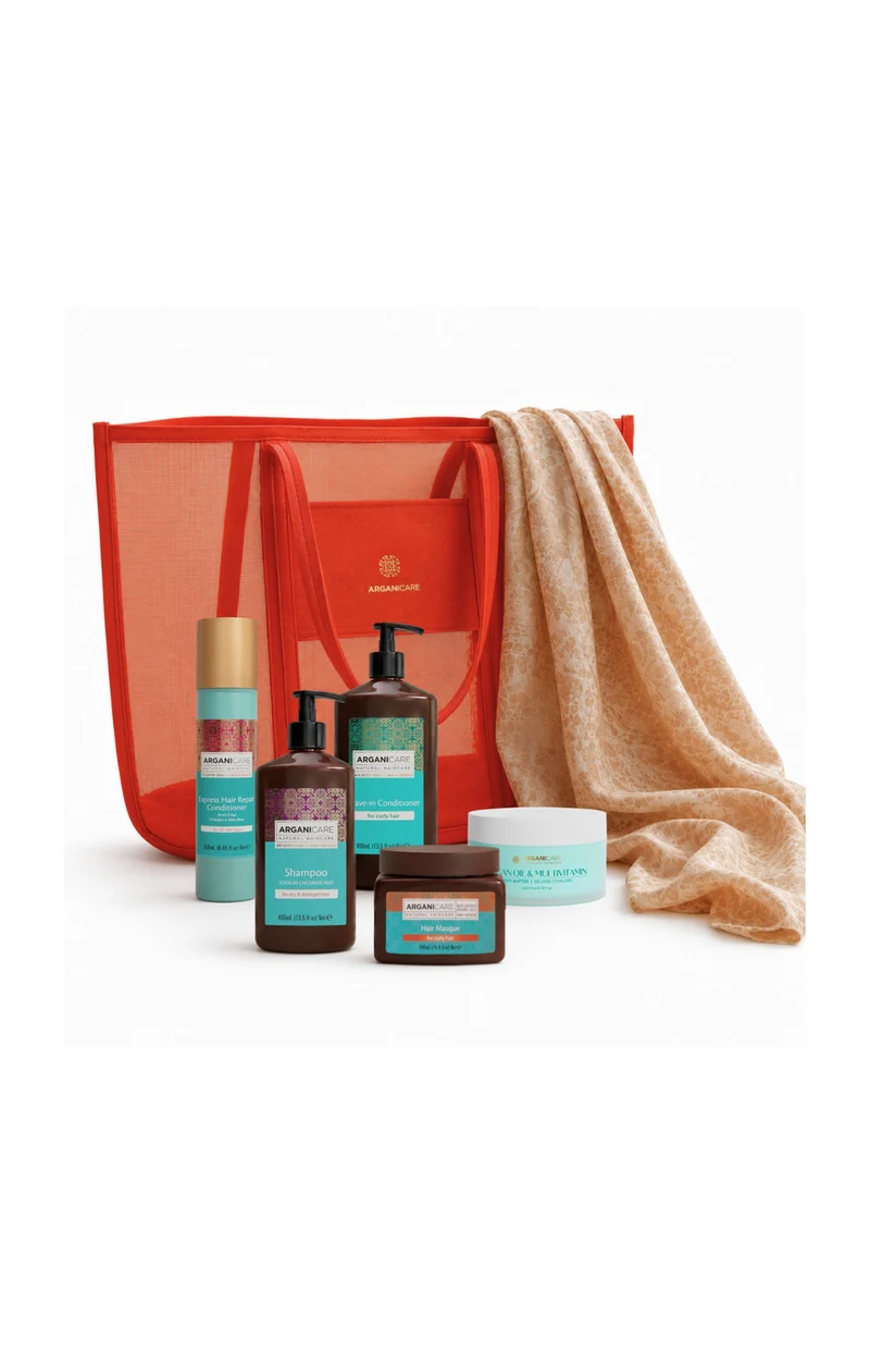 Sac de plage Summer Glow - Cheveux bouclés - Argan & Beurre de karité - 7 produits