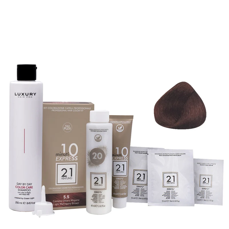 21 Ventuno Kit Couleur Professionnel 5.5 Chatain Clair Marron Acajou + Shampoo 250ml