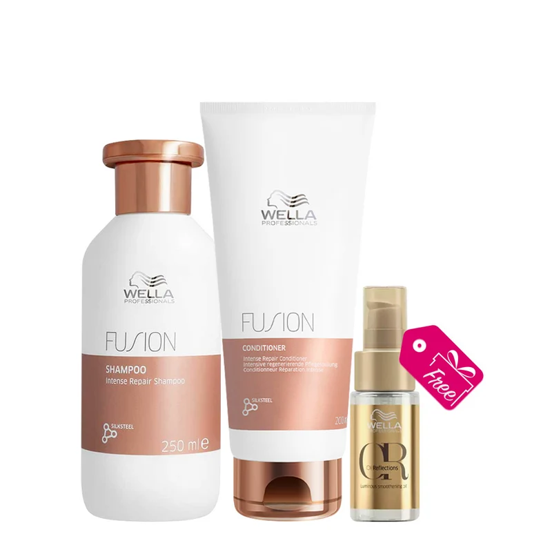 Wella Fusion Intense Repair Shampoo 250ml Conditioner 200ml + Oil Reflections Luminous Smoothing Oil 30ml OFFERT