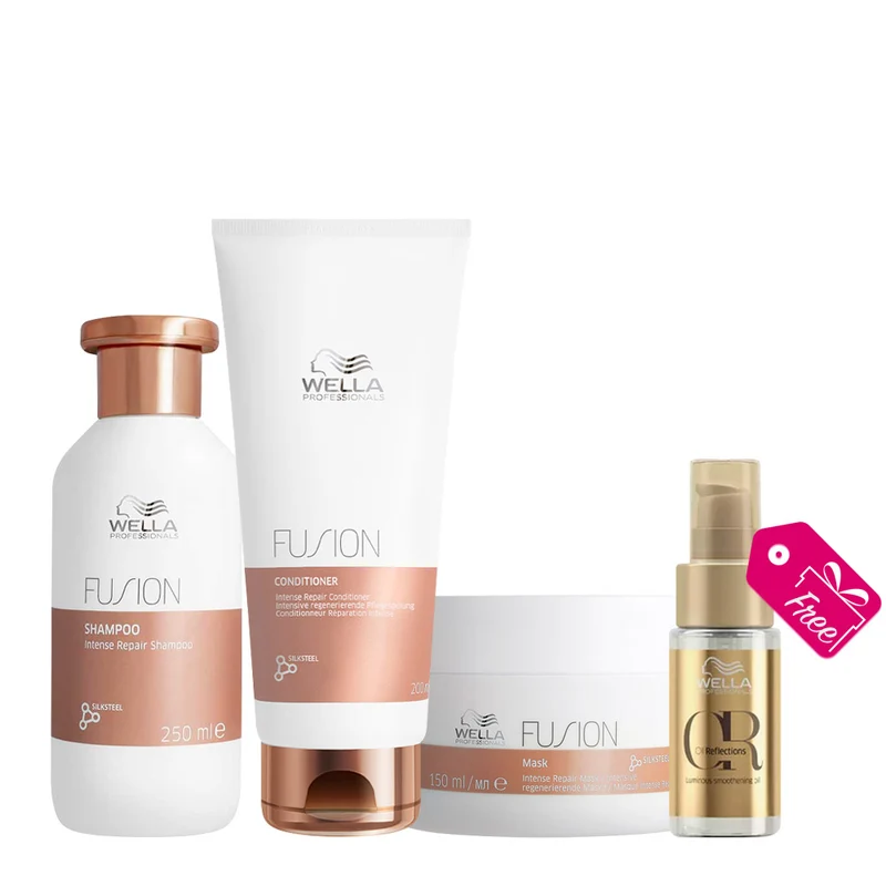 Wella Fusion Intense Repair Shampoo 250ml Conditioner 200ml Mask 150ml + Oil Reflections Luminous Oil 30ml GRATUIT