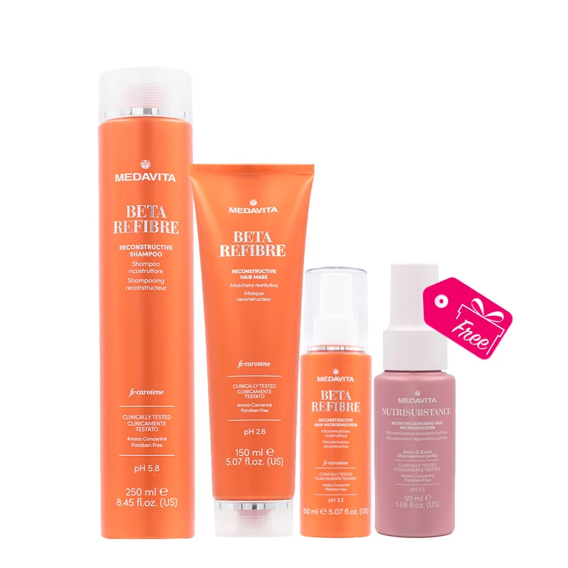 Medavita Beta Refibre Reconstructive Shampoo 250ml Masque 150ml Sérum 150ml + Repairing Microemulsion 50ml GRATUIT