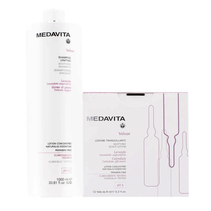 Medavita Velour Shampooing Apaisant 1000ml et Flacons 12x6ml pour Cuir Chevelu avec Desquamation