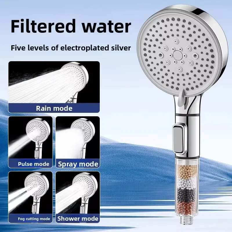 Pommeau de douche haute pression 5 modes avec arrêt — filtre billes minérales anti-chlore