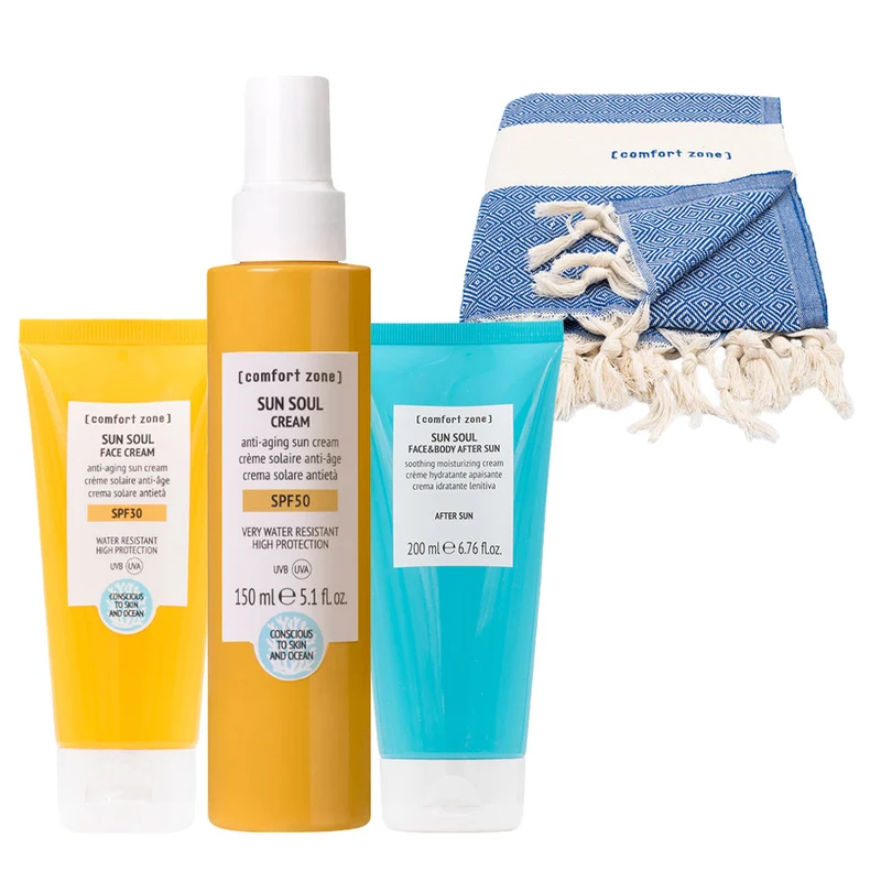 Comfort Zone Sun Soul Face Cream SPF30 60ml Cream SPF 50 150ml Face & Body After Sun 200ml + Telo Mare in omaggio