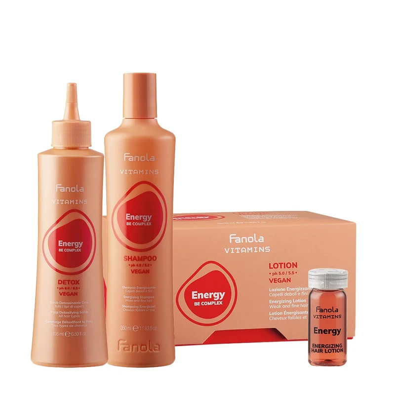 Fanola Vitamins Energy Be Complex Detox Scalp Fluid 195ml Shampoo 350ml Lotion 12x10ml