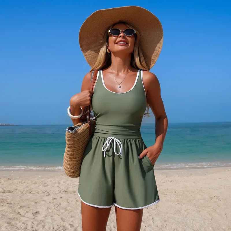Maillot de Bain Femme 1PC Combi-Short – Style Sport Chic, Séchage Rapide et Taille Réglable