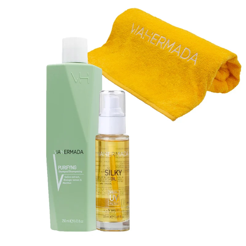 VIAHERMADA Purifyng Shampoo 250ml Silky Oil 50ml + Serviette de Plage Jaune GRATUITE