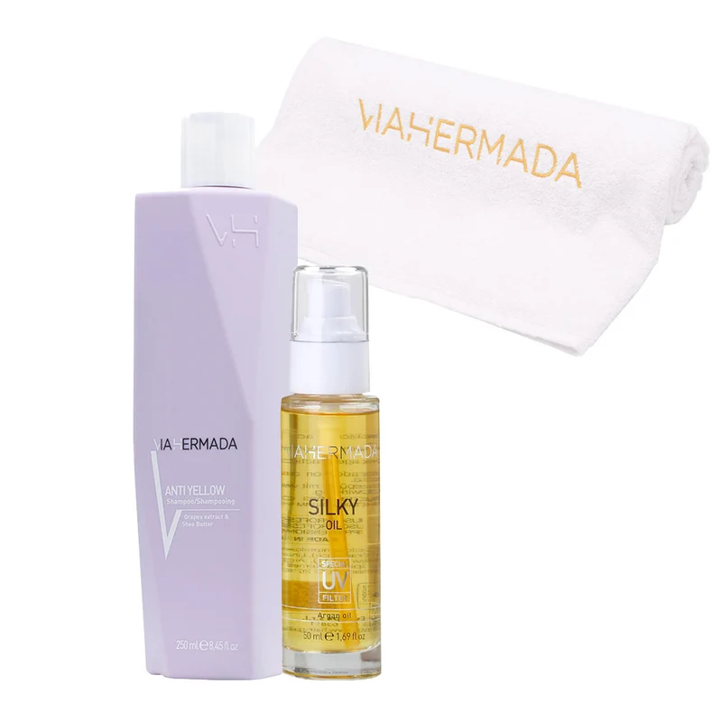 VIAHERMADA Anti-Yellow Shampoo 250ml Silky Oil 50ml + Serviette de Plage Blanche GRATUITE