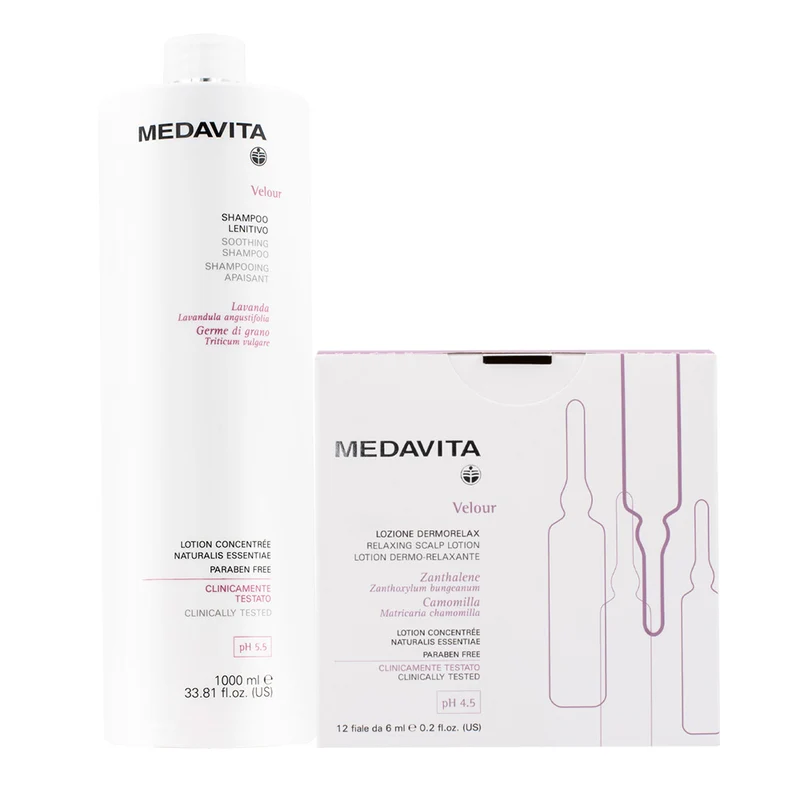 Medavita Velour Shampooing Apaisant 1000ml et Ampoules Cuir Chevelu Irrité 12x6ml
