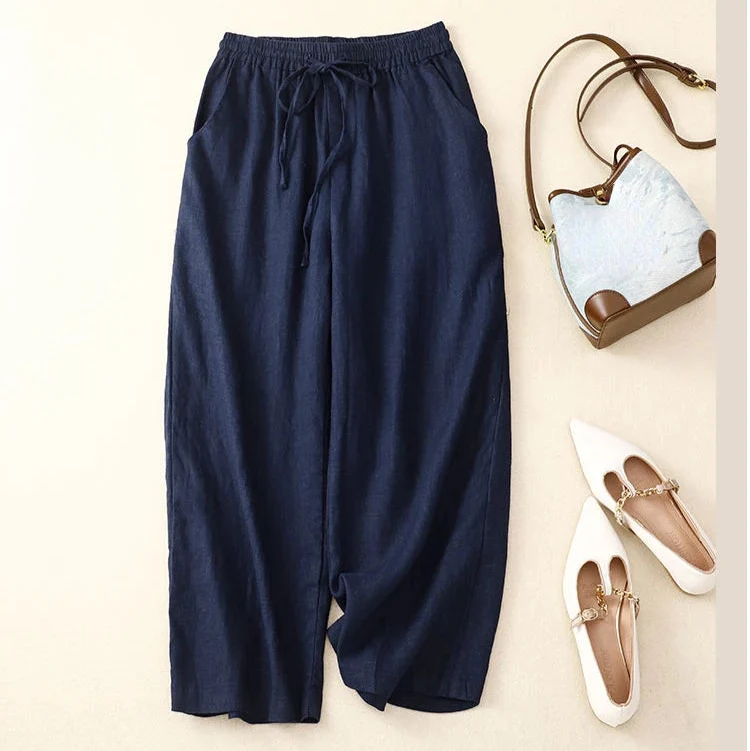 Pantalon Rétro en Coton & Lin Ample Femme - Mi-Saison