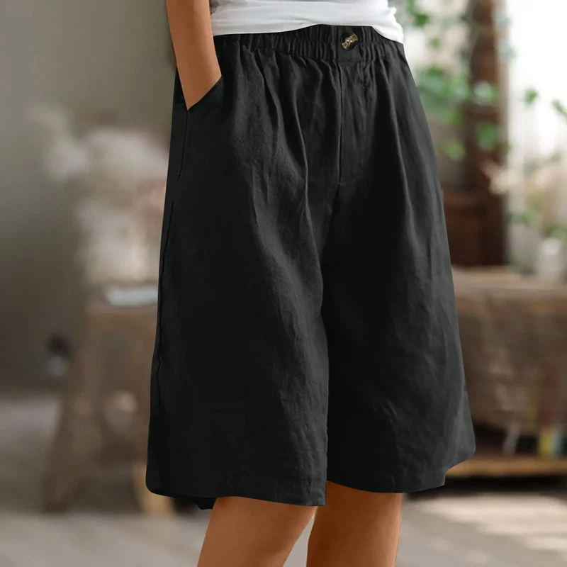 Short Long Femme Coton & Lin Taille Élastique